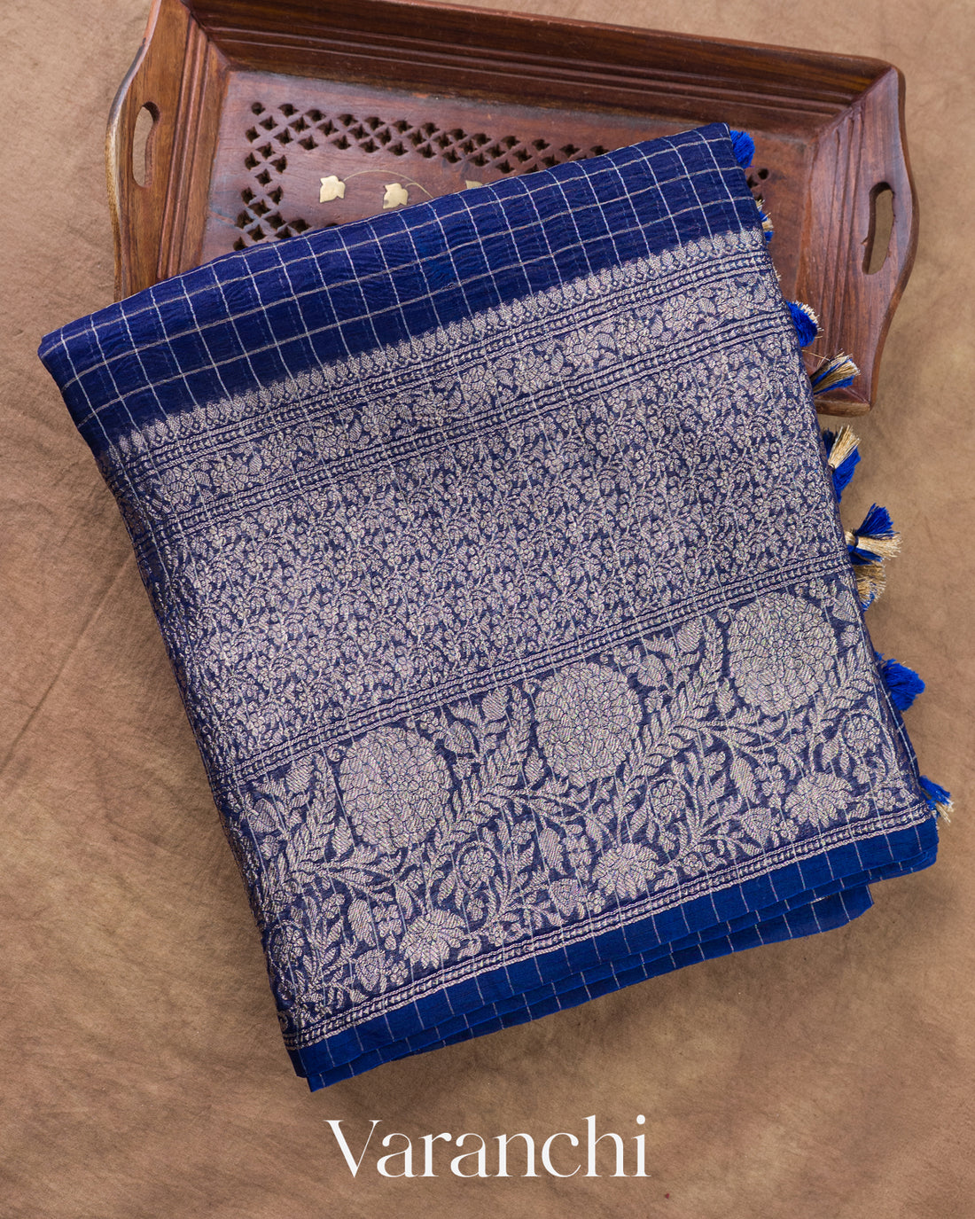 Navy Blue Checkered Pure Kora Silk Saree