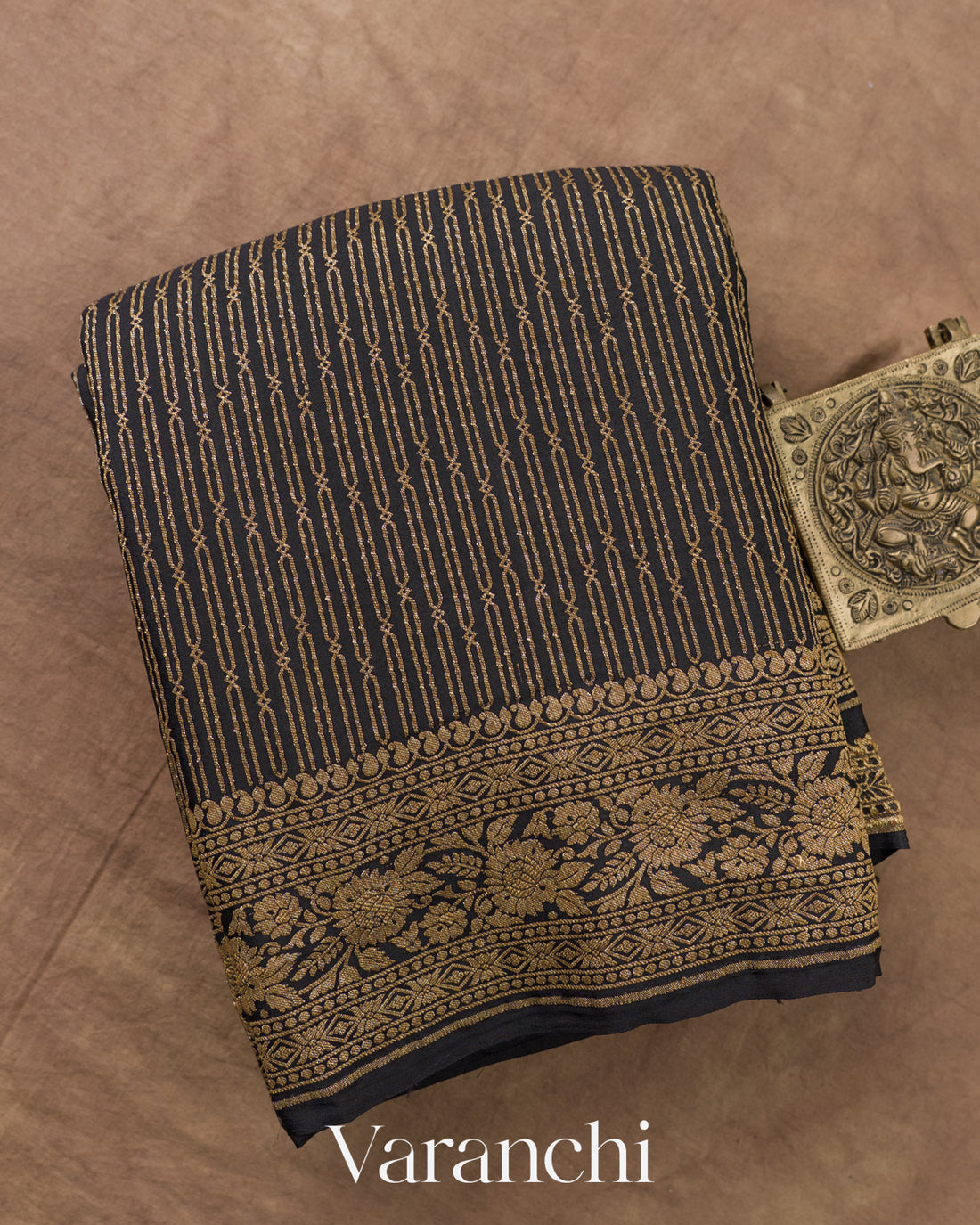 Jet Black Striped Pure Crepe Silk Handloom Saree