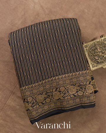 Jet Black Striped Pure Crepe Silk Handloom Saree