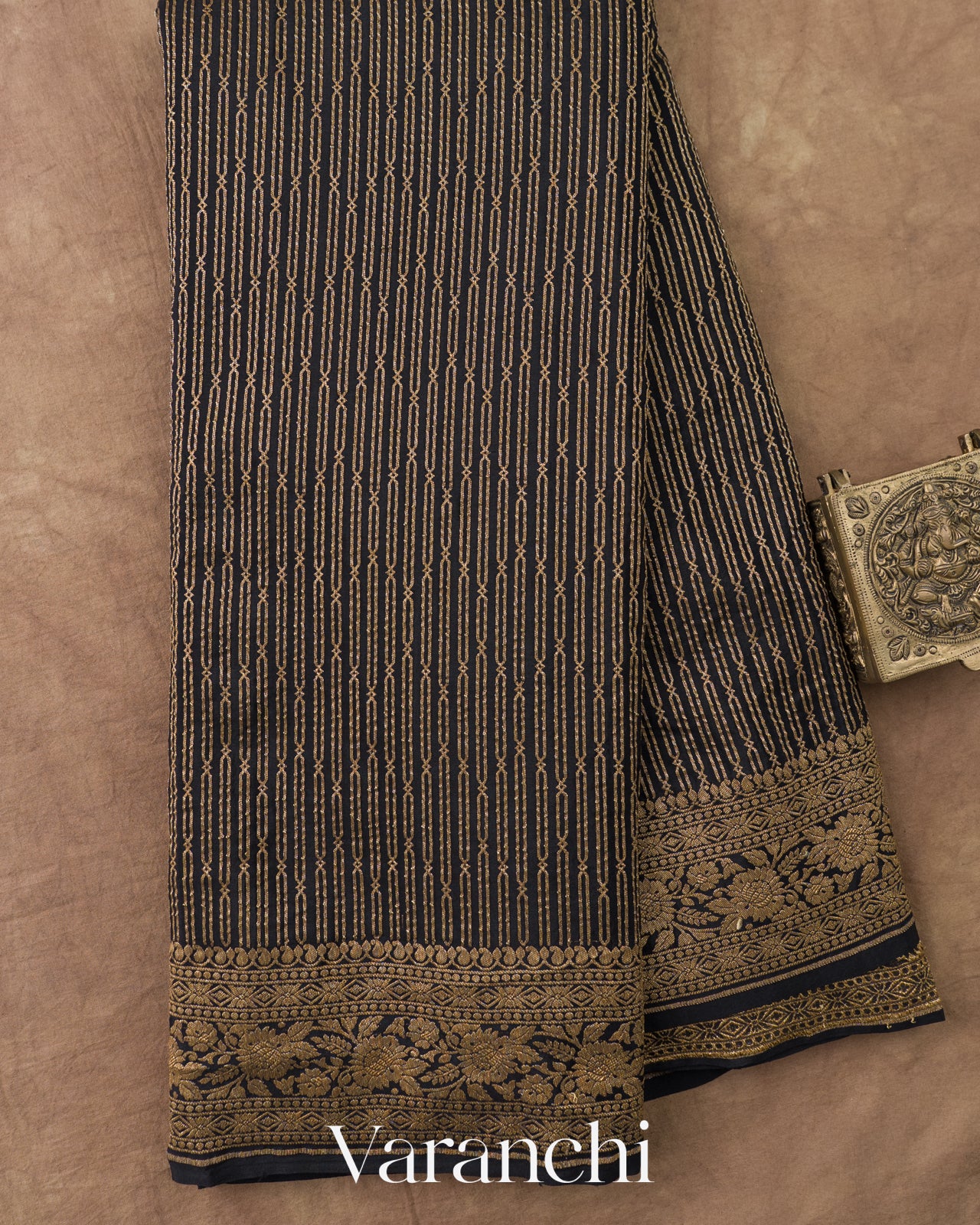 Jet Black Striped Pure Crepe Silk Handloom Saree