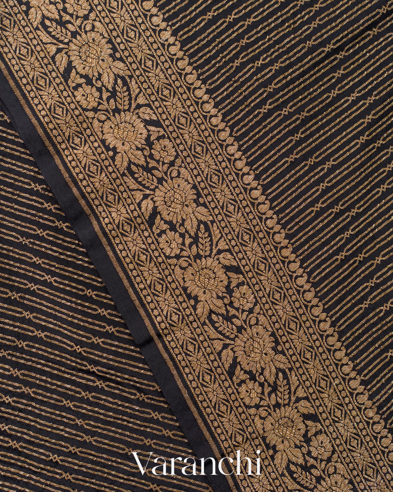 Jet Black Striped Pure Crepe Silk Handloom Saree