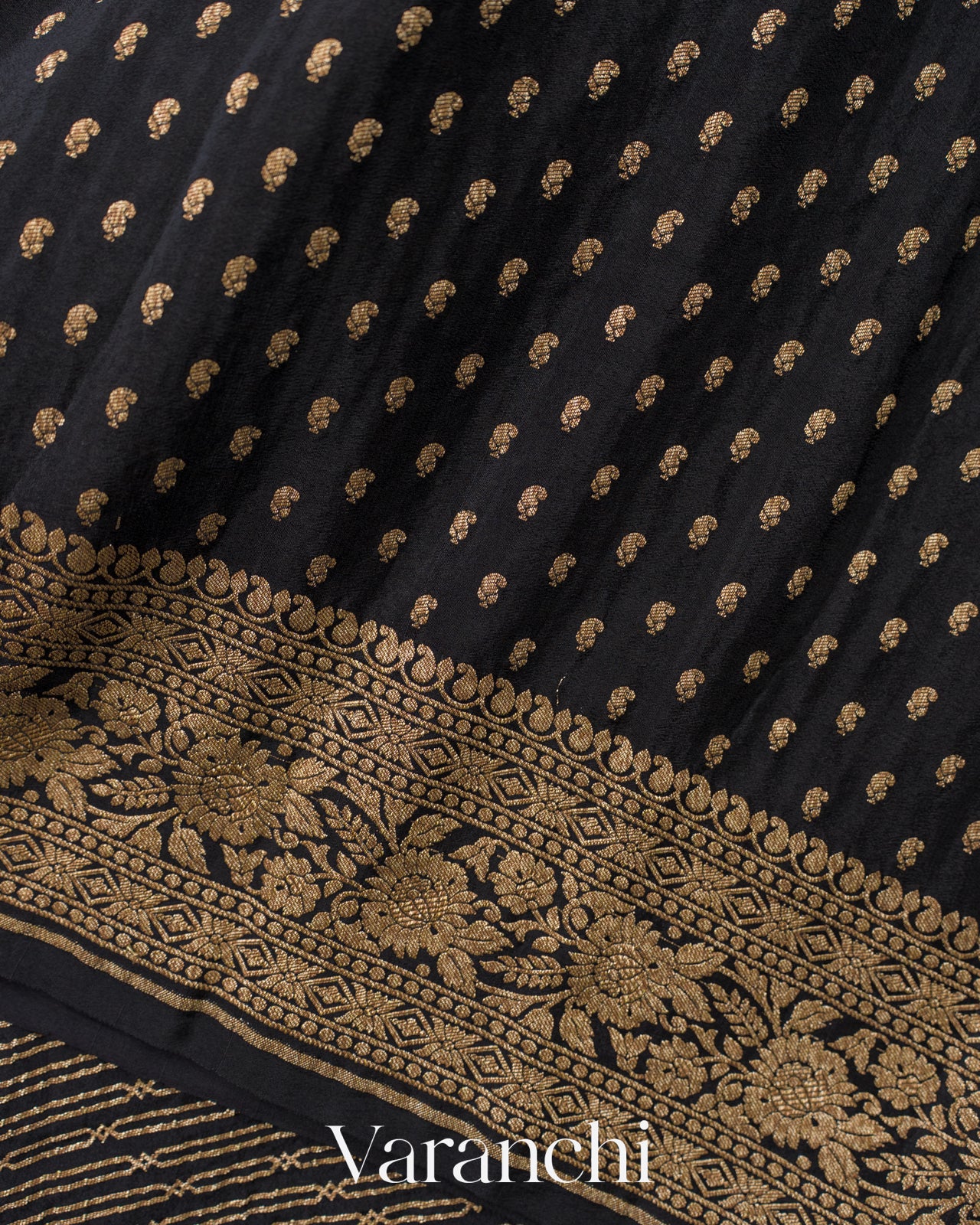 Jet Black Striped Pure Crepe Silk Handloom Saree