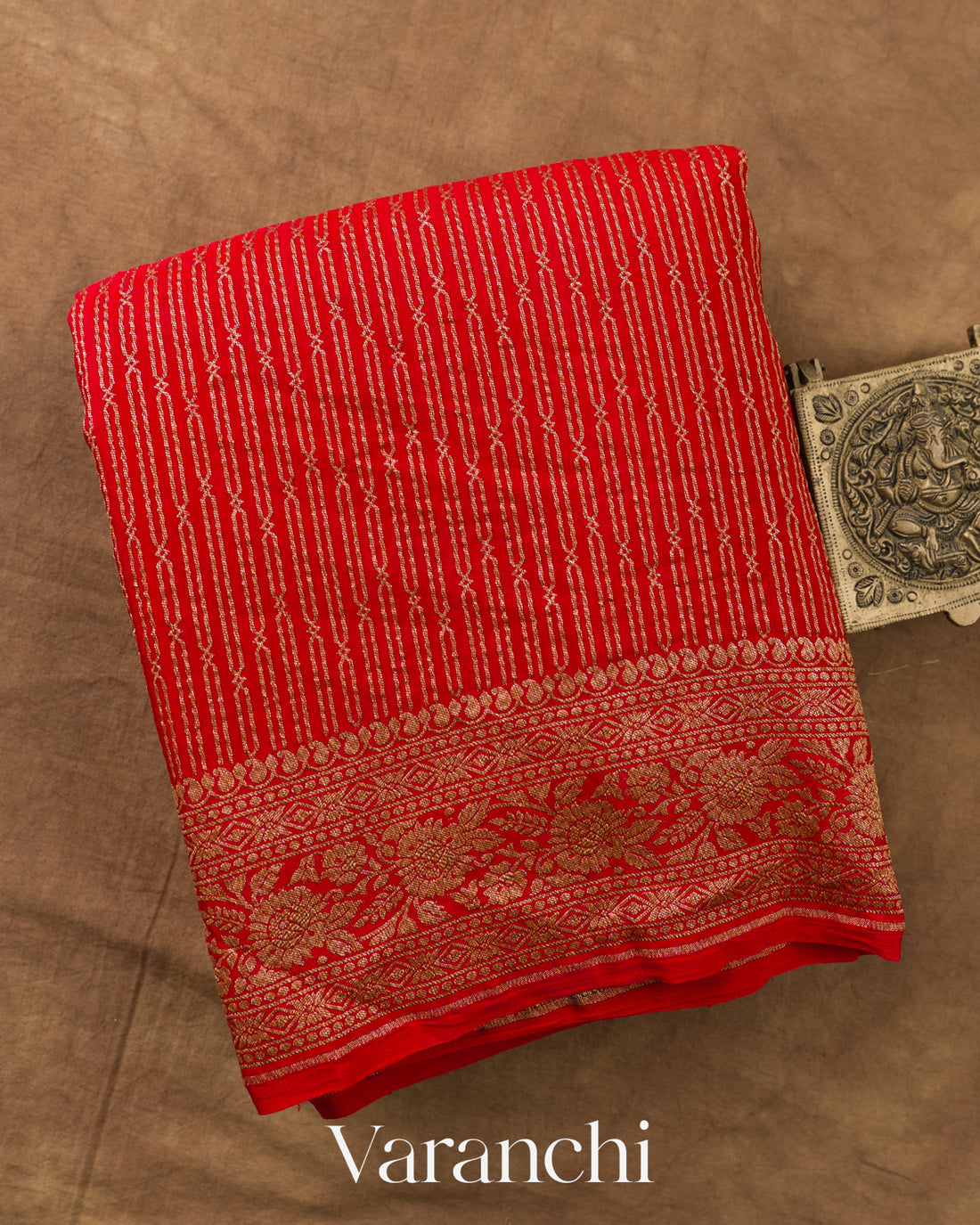 Chilly Red Striped Pure Crepe Silk Handloom Saree