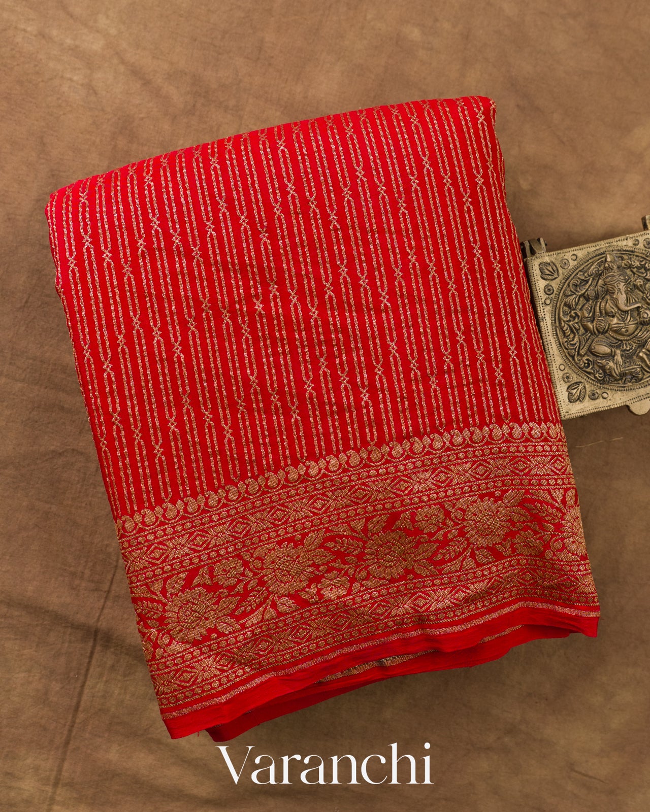 Chilly Red Striped Pure Crepe Silk Handloom Saree