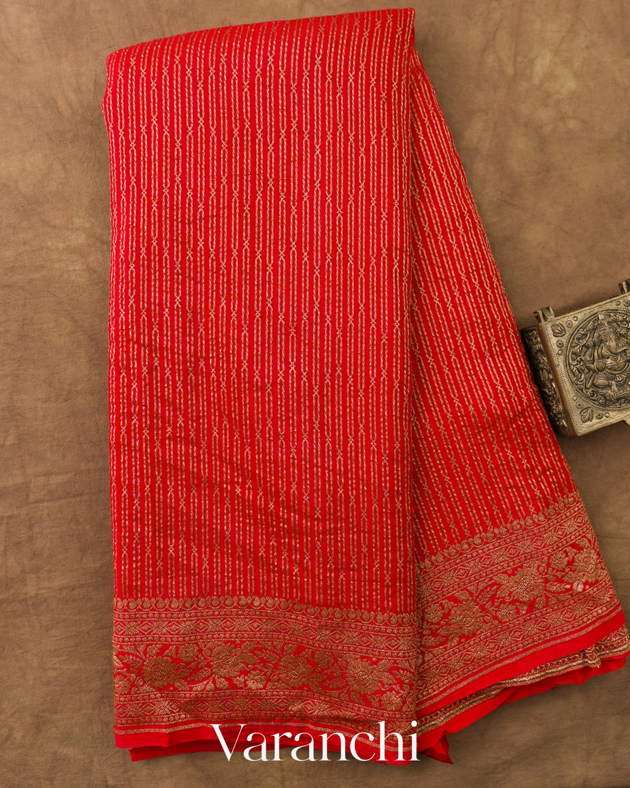 Chilly Red Striped Pure Crepe Silk Handloom Saree