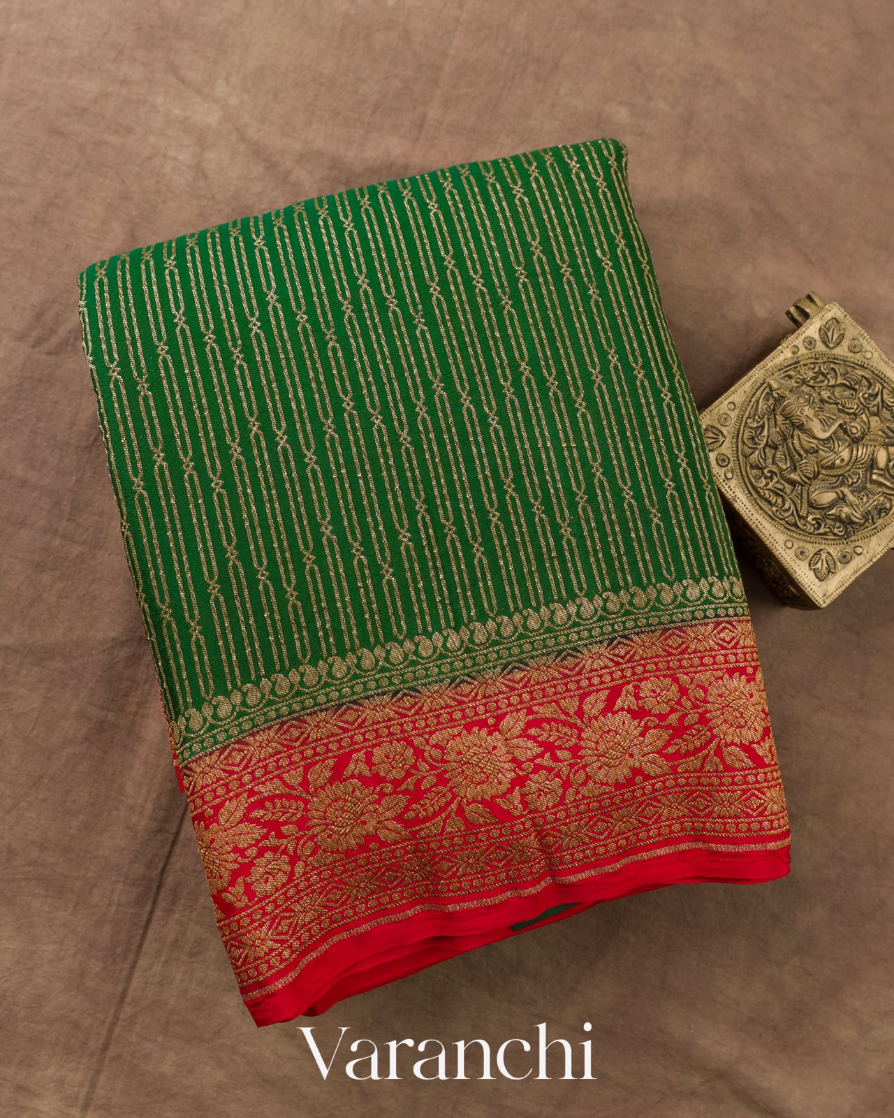 Bottle Green Striped Pure Crepe Silk Handloom Saree