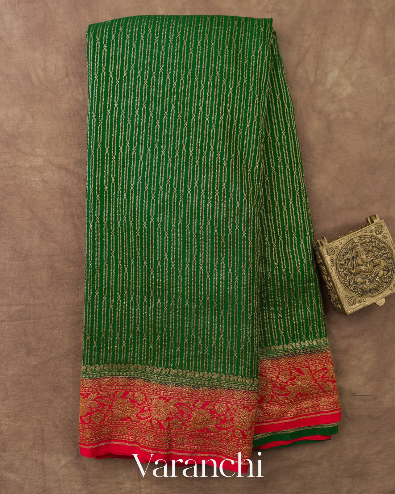 Bottle Green Striped Pure Crepe Silk Handloom Saree