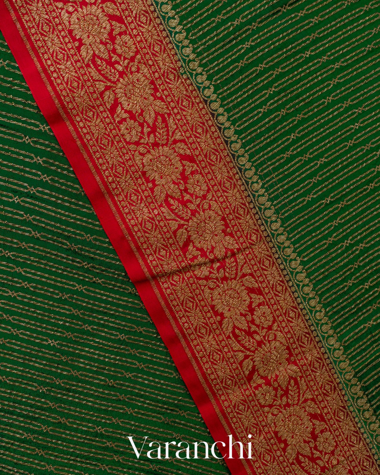 Bottle Green Striped Pure Crepe Silk Handloom Saree