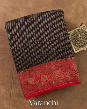 Black Striped Pure Crepe Silk Handloom Saree