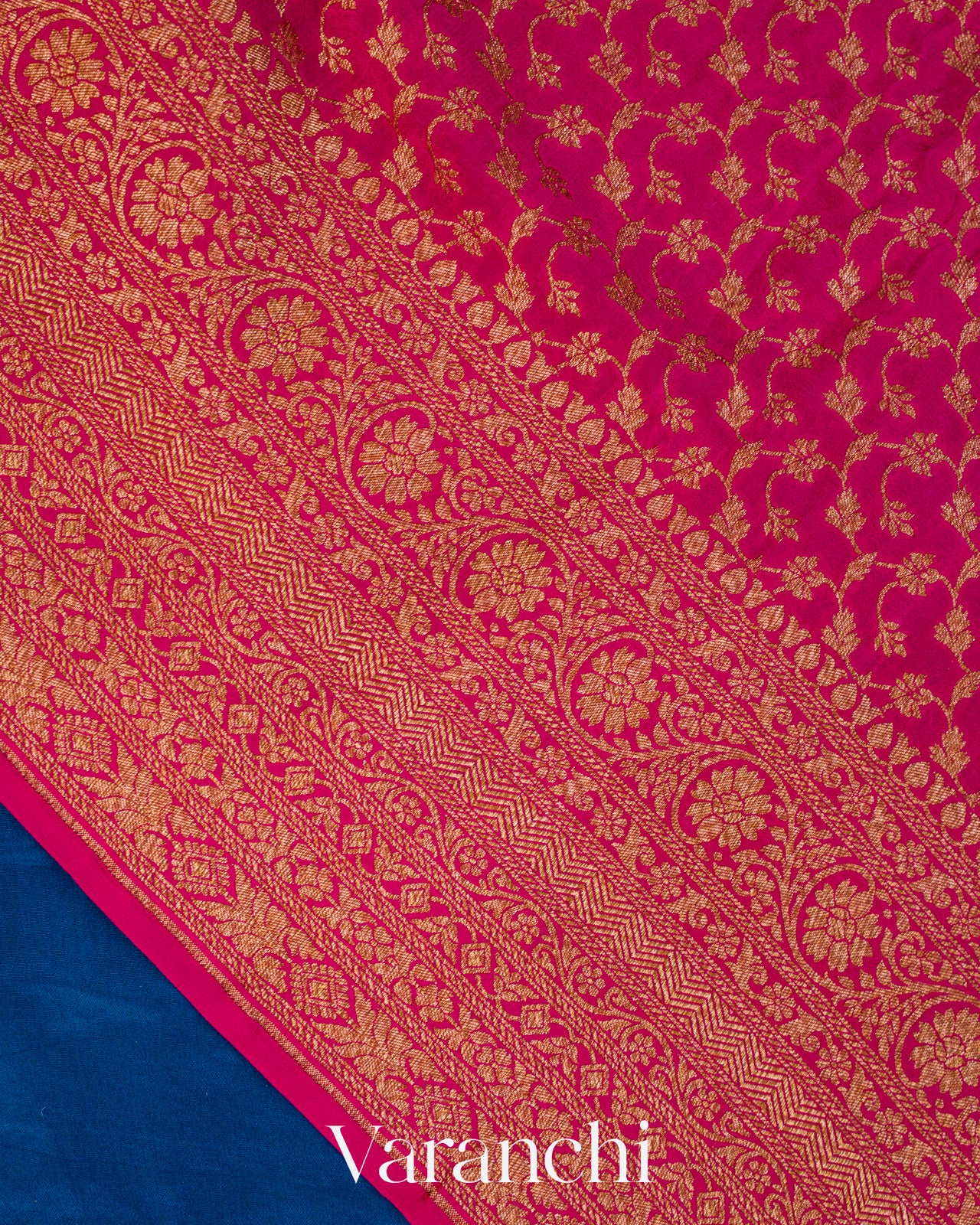 Peacock Blue Floral Bordered Pure Crepe Silk Handloom Saree