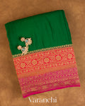 Bottle Green Floral Border Pure Crepe Silk Handloom Saree