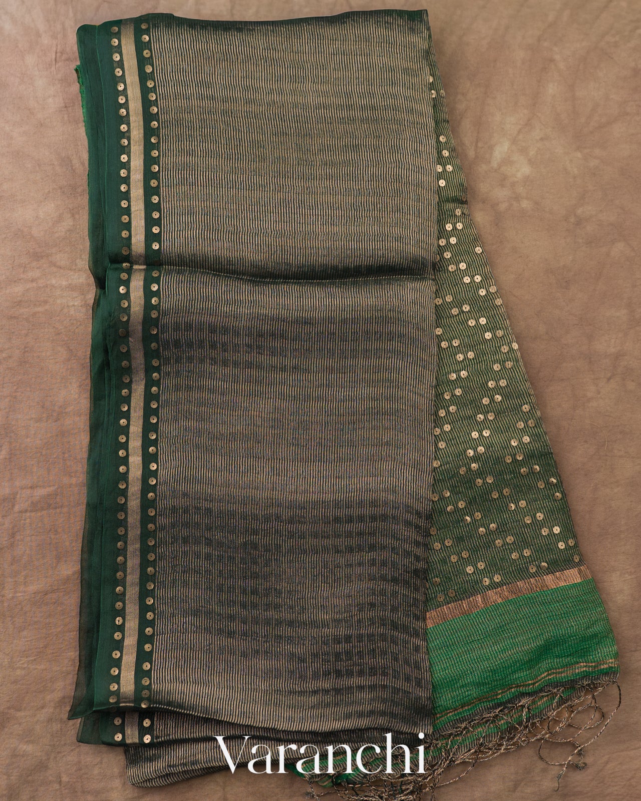 Bottle Green with Sequin Embroidery Pure Muslin Silk Handloom Saree