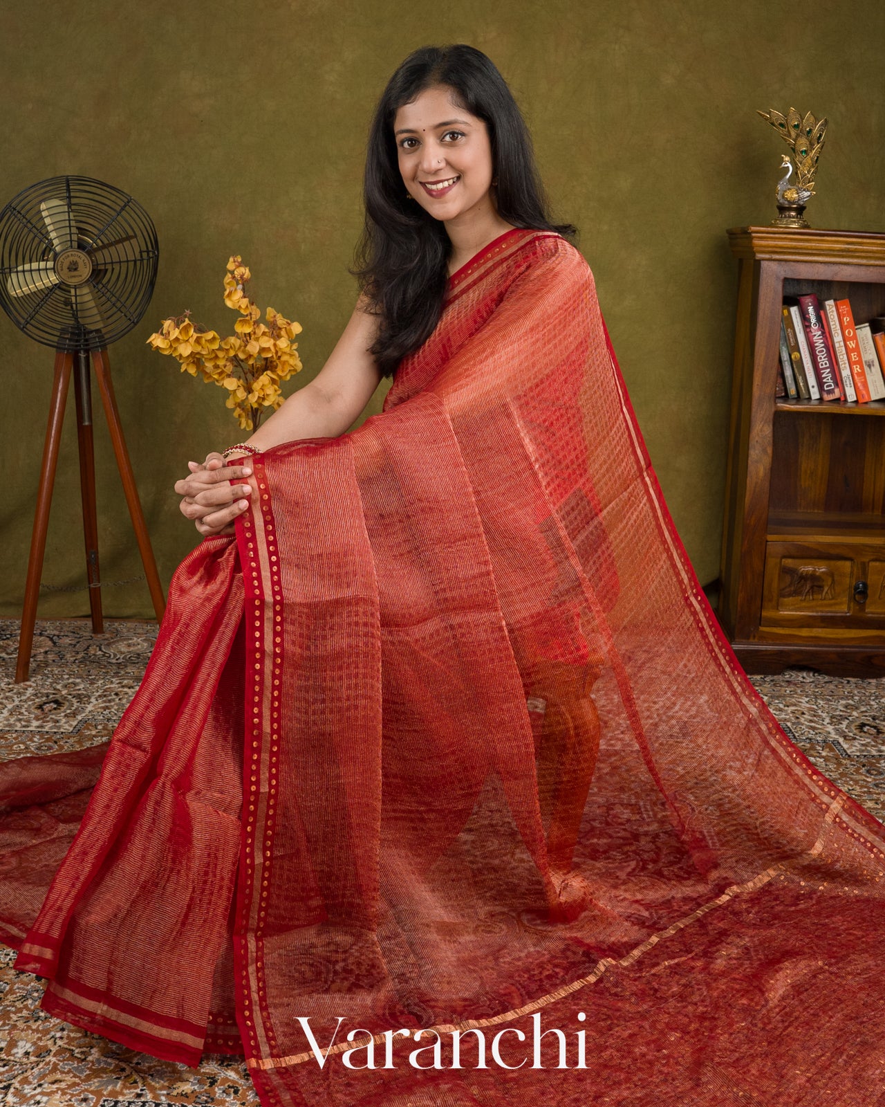 Coral Red with Sequin Embroidery Pure Muslin Silk Handloom Saree — Draped