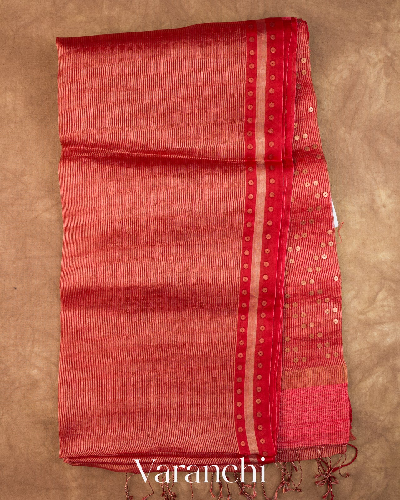 Coral Red with Sequin Embroidery Pure Muslin Silk Handloom Saree — Full Saree