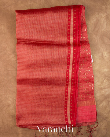 Coral Red with Sequin Embroidery Pure Muslin Silk Handloom Saree — Full Saree