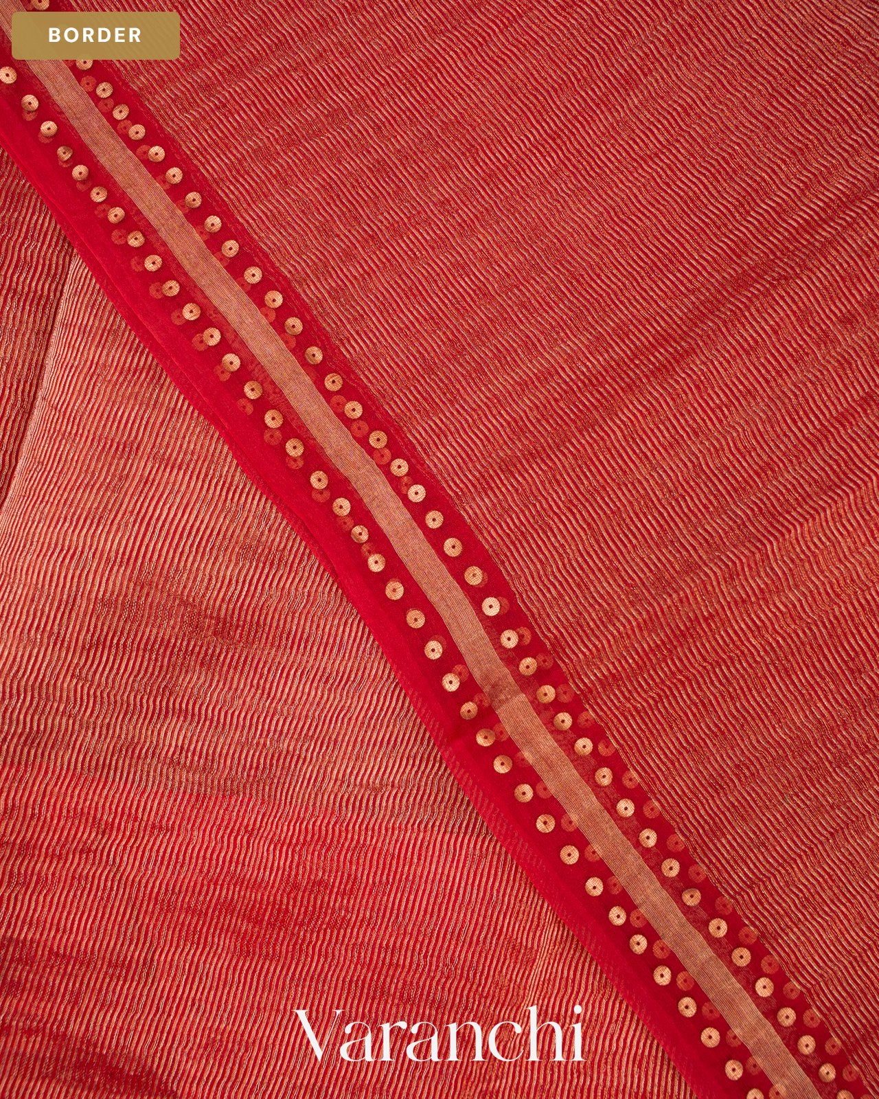 Coral Red with Sequin Embroidery Pure Muslin Silk Handloom Saree — Border