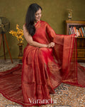 Coral Red with Sequin Embroidery Pure Muslin Silk Handloom Saree — Draped