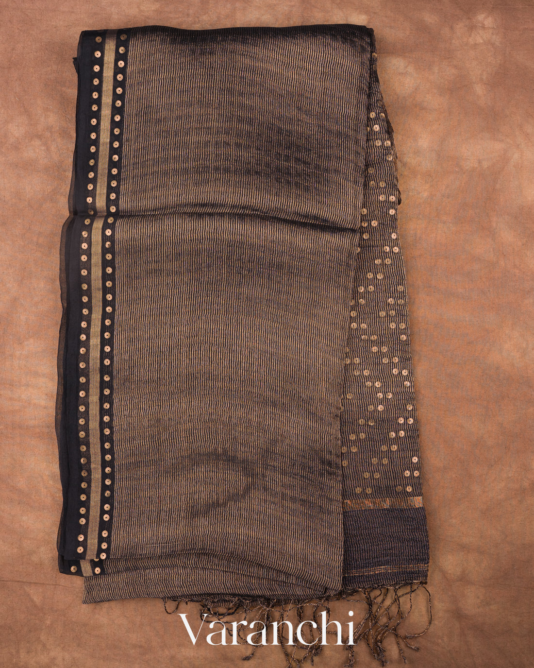 Black with Sequin Embroidery Pure Muslin Silk Handloom Saree — Full Saree