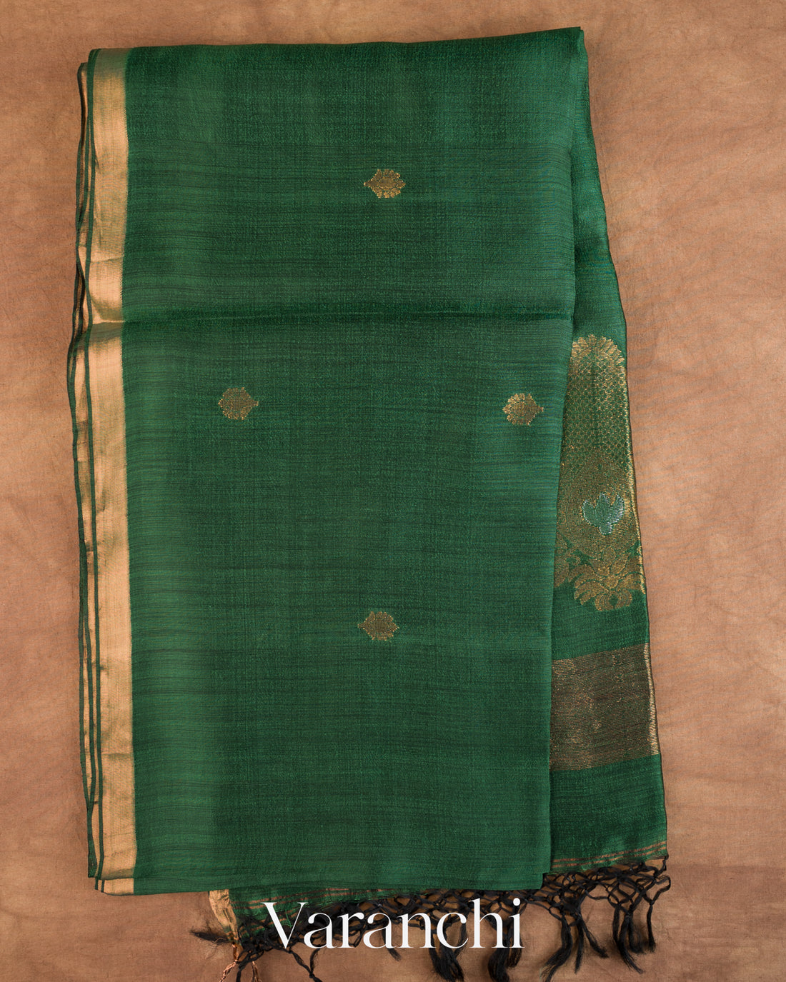 Dark Green Jamdani Pure Mulberry Silk Handloom Saree — Full Saree