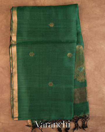 Dark Green Jamdani Pure Mulberry Silk Handloom Saree — Full Saree