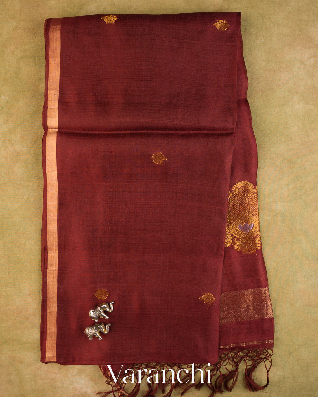 Deep Maroon Jamdani Pure Mulberry Silk Handloom Saree — Full Saree