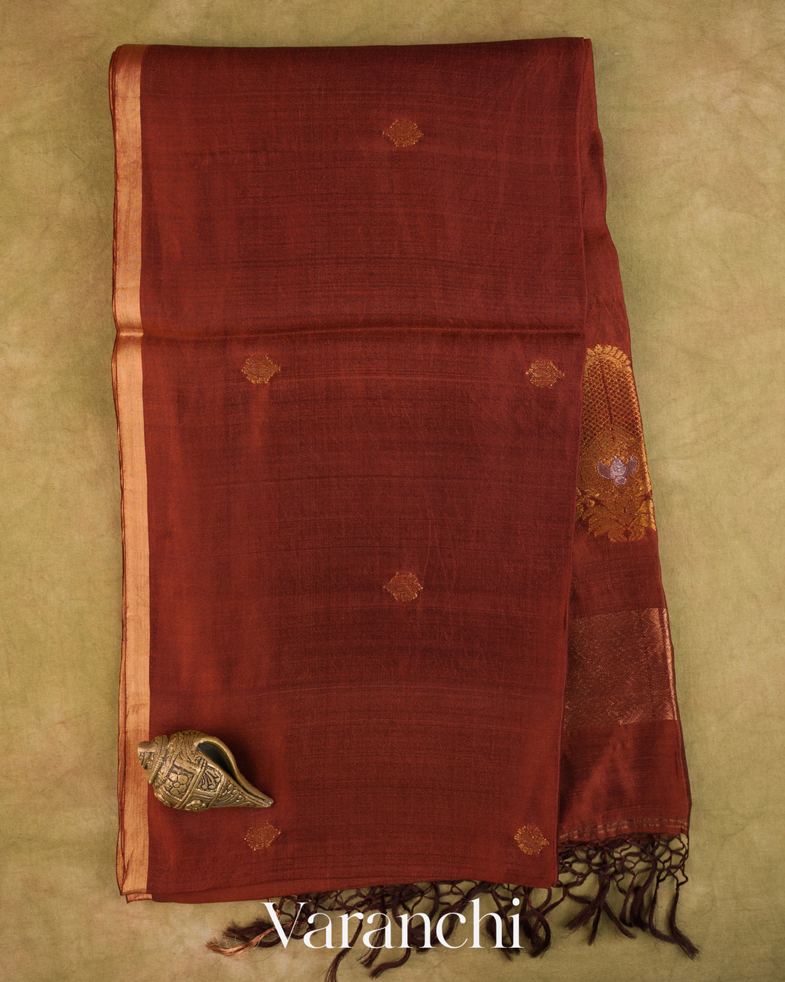 Metallic Brown Jamdani Pure Mulberry Silk Handloom Saree — Full Saree