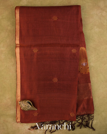 Metallic Brown Jamdani Pure Mulberry Silk Handloom Saree — Full Saree