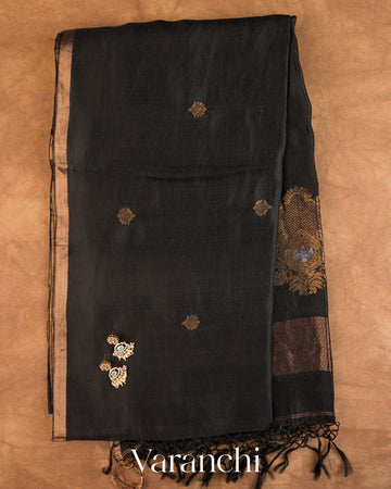 Black Jamdani Pure Mulberry Silk Handloom Saree — Full Saree