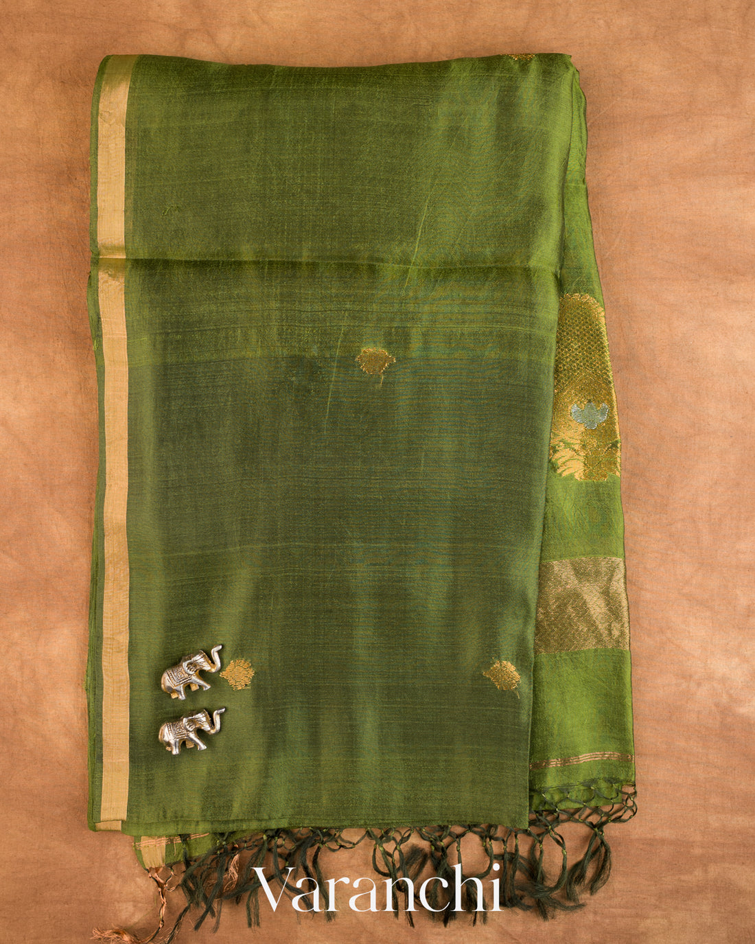 Leafy Green Jamdani Pure Mulberry Silk Handloom Saree — Full Saree