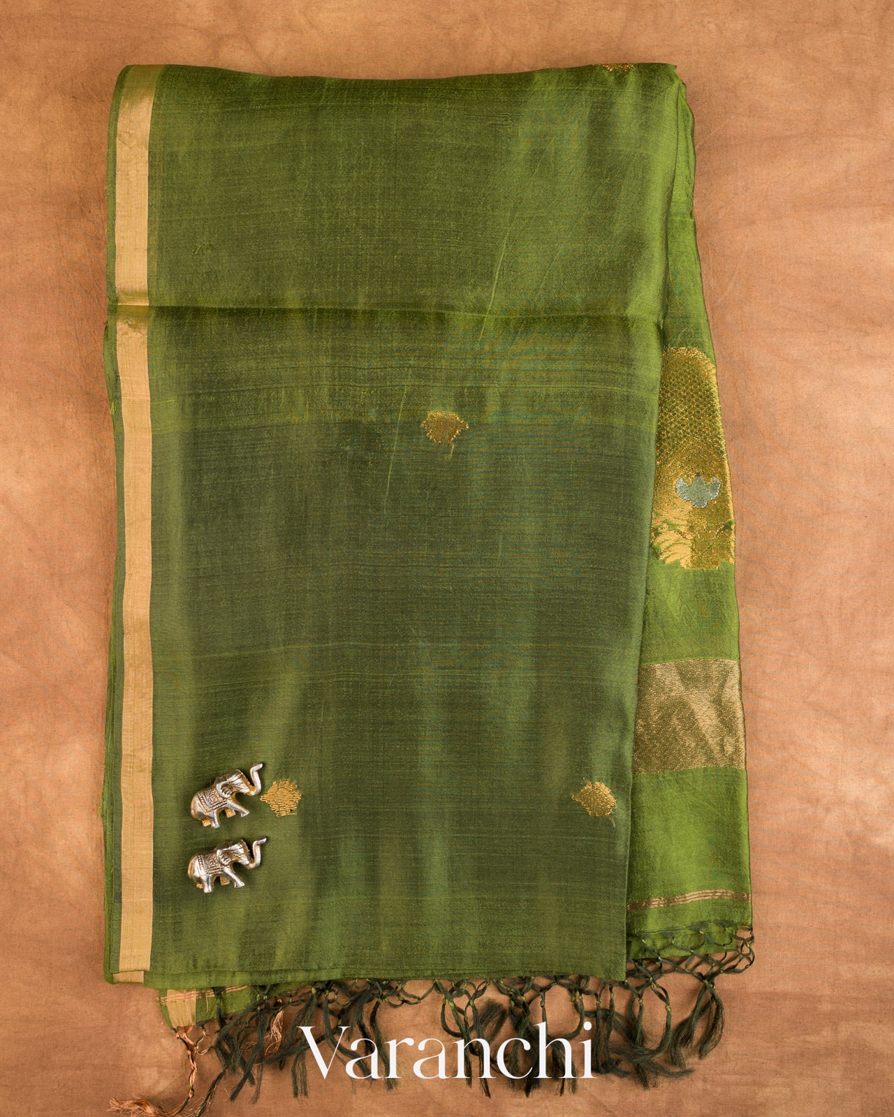 Leafy Green Jamdani Pure Mulberry Silk Handloom Saree — Full Saree