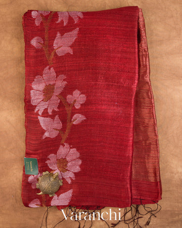Brick Red Jamdani Pure Matka Tissue Silk Handloom Saree — Full Saree