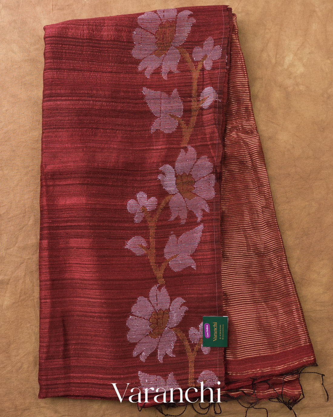 Burgundy Jamdani Pure Matka Tissue Silk Handloom Saree — Full Saree