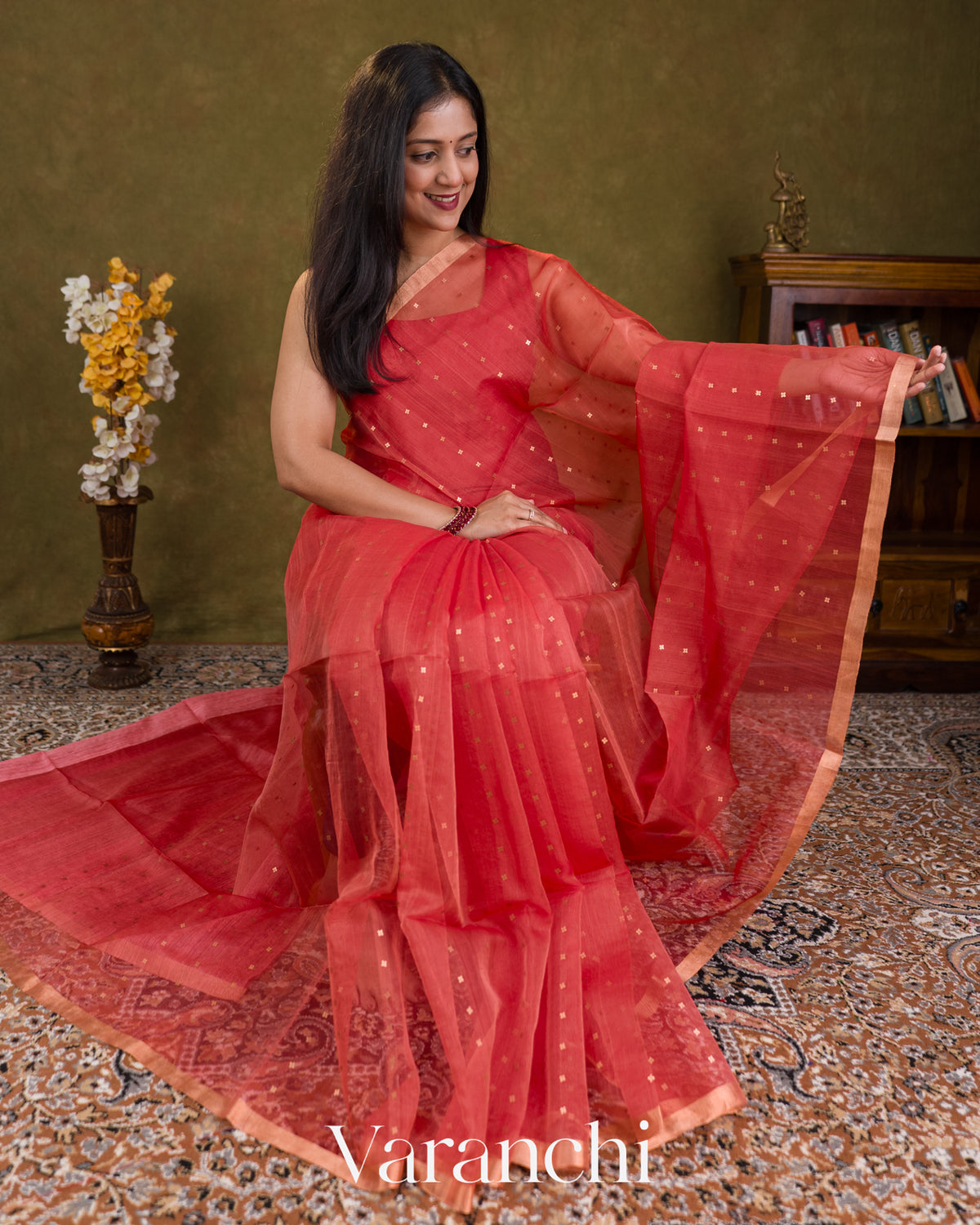 Coral Pink Sequin with Jamdani Paithani Pallu Pure Muslin Silk Handloom Saree — Draped