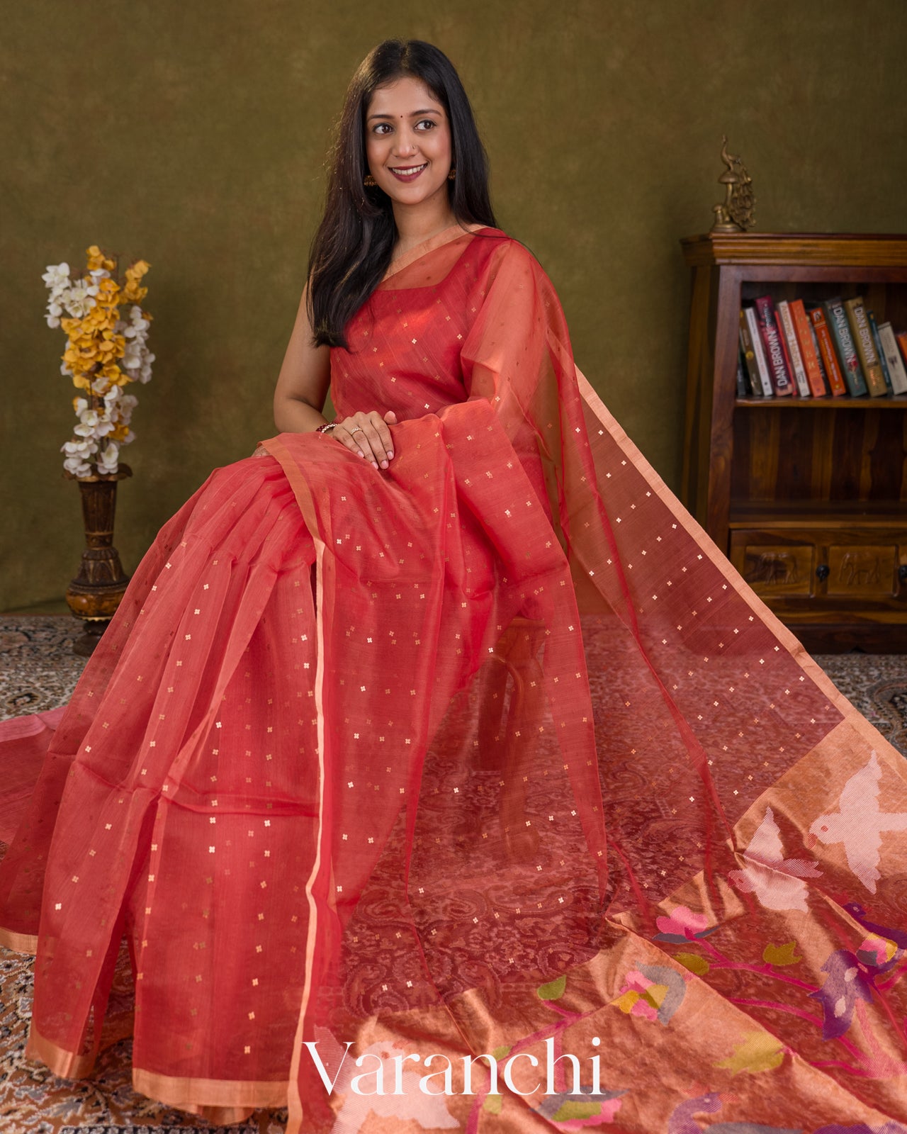 Coral Pink Sequin with Jamdani Paithani Pallu Pure Muslin Silk Handloom Saree — Draped