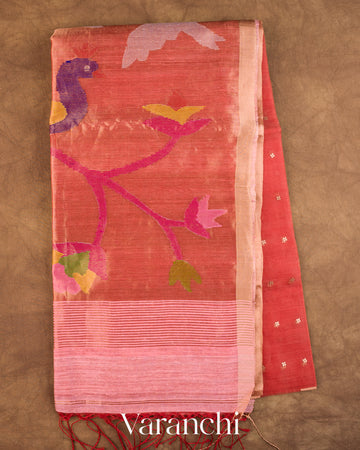 Coral Pink Sequin Jamdani Paithani Pallu Pure Muslin Silk Handloom Saree — Full Saree