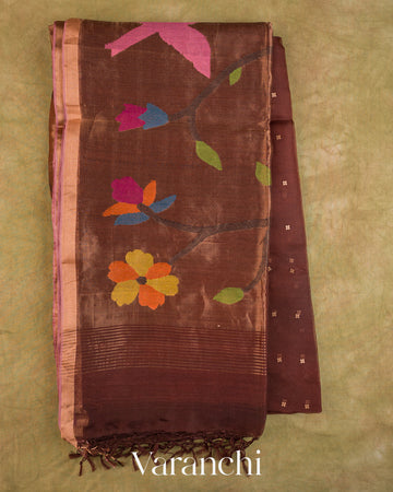 Coffee Brown Sequin Jamdani Paithani Pallu Pure Muslin Silk Handloom Saree — Full Saree
