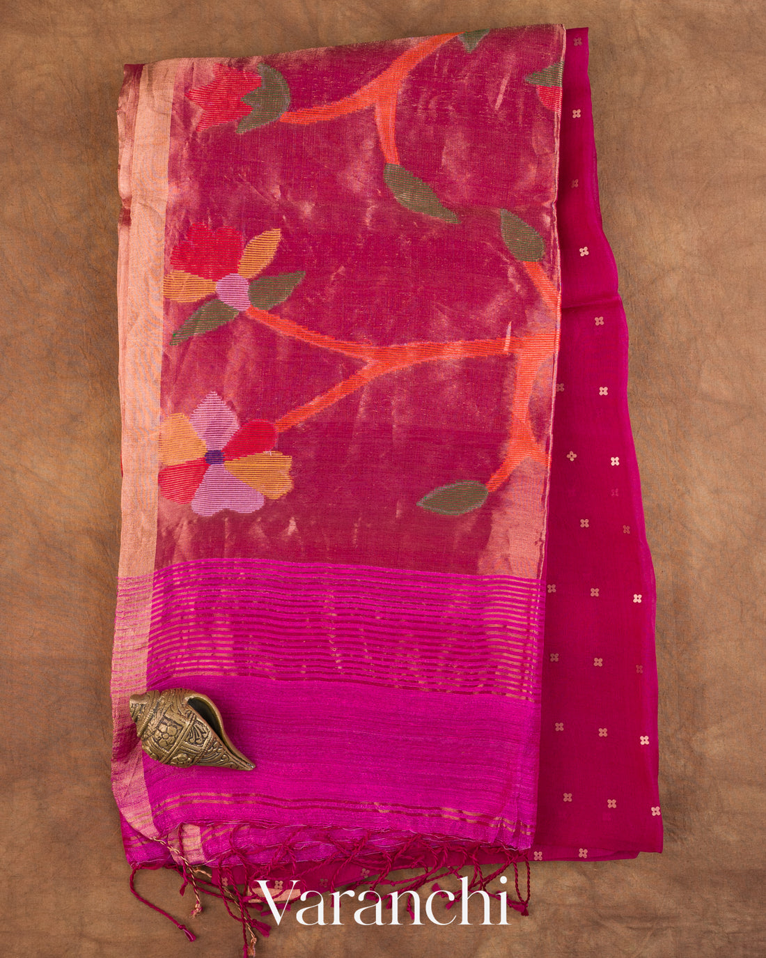 Rani Pink Sequin Jamdani Paithani Pallu Pure Muslin Silk Handloom Saree — Full Saree