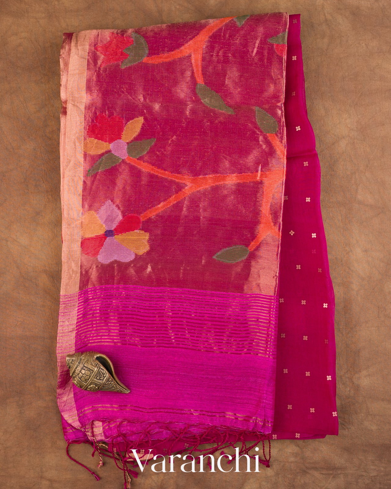 Rani Pink Sequin Jamdani Paithani Pallu Pure Muslin Silk Handloom Saree — Full Saree