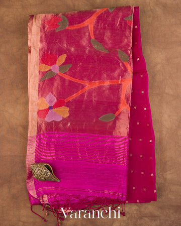 Rani Pink Sequin Jamdani Paithani Pallu Pure Muslin Silk Handloom Saree — Full Saree