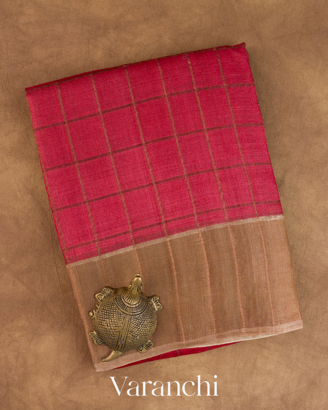 Reddish Pink Checkered Pure Tussar Silk Saree — Folded