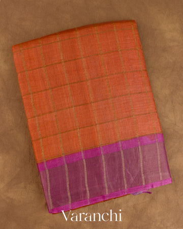 Rust Orange Checkered Pure Tussar Silk Handloom Saree — Folded