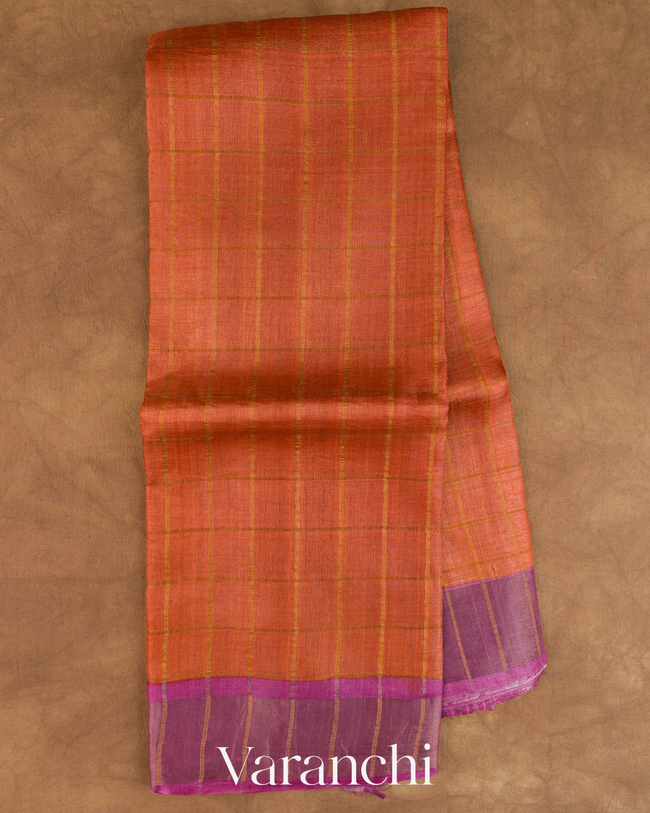 Rust Orange Checkered Pure Tussar Silk Handloom Saree — Full Saree