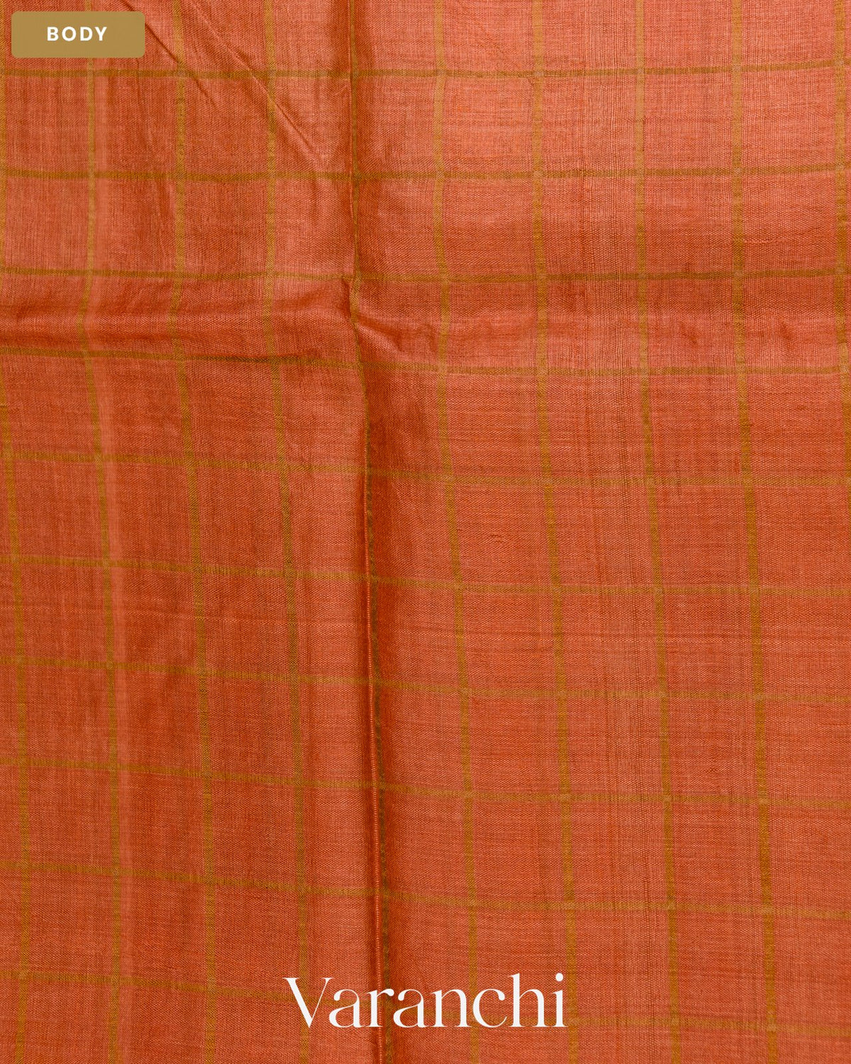 Rust Orange Checkered Pure Tussar Silk Handloom Saree — Body
