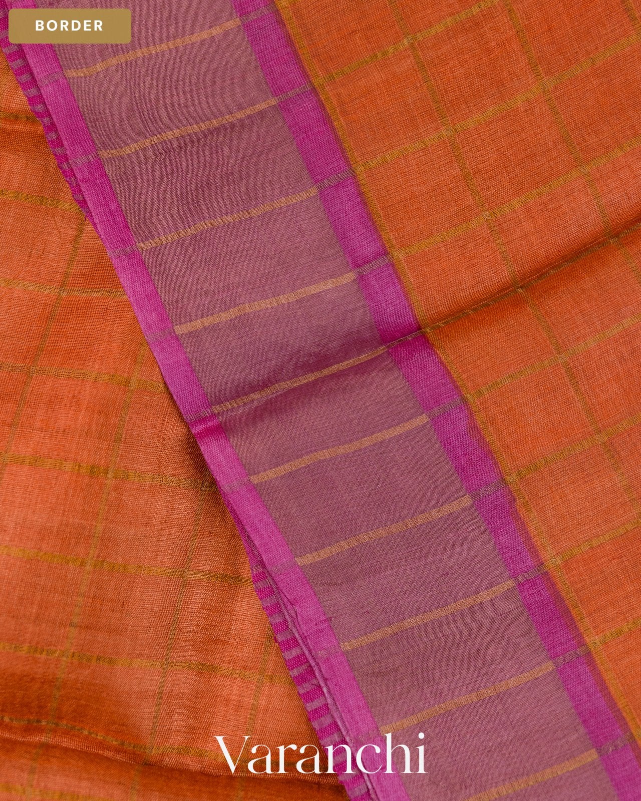 Rust Orange Checkered Pure Tussar Silk Handloom Saree — Border