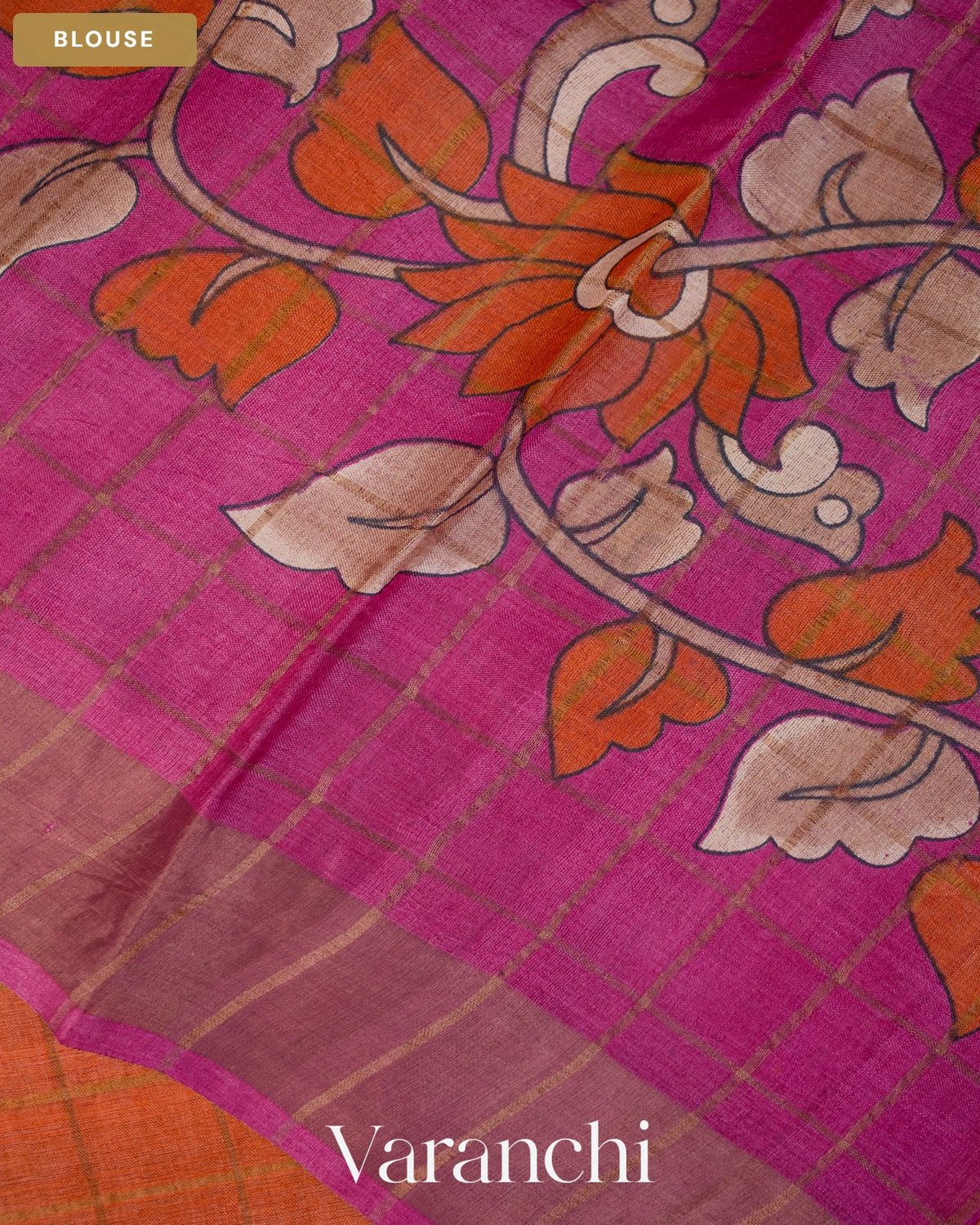 Rust Orange Checkered Pure Tussar Silk Handloom Saree — Blouse