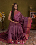 Purple Checkered Pure Tussar Silk Handloom Saree — Draped