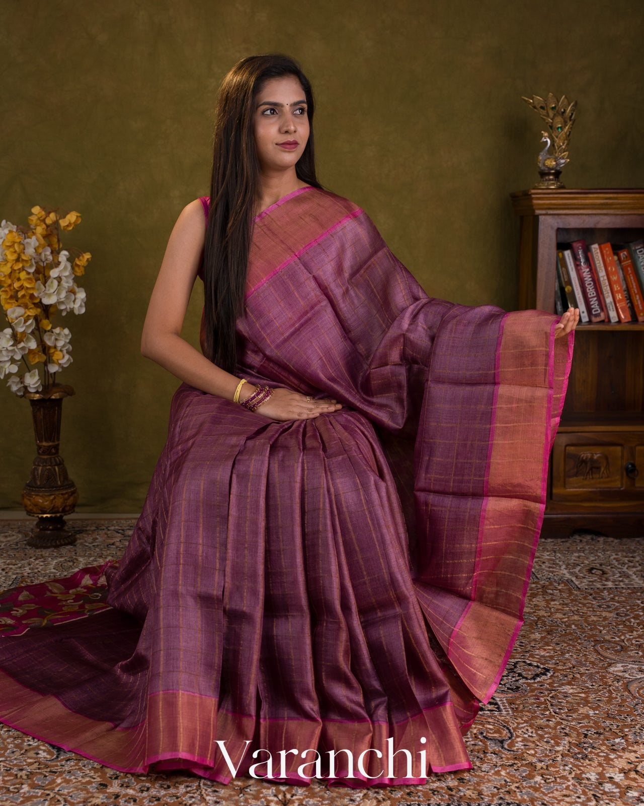 Purple Checkered Pure Tussar Silk Handloom Saree — Draped