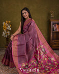 Purple Checkered Pure Tussar Silk Handloom Saree — Draped