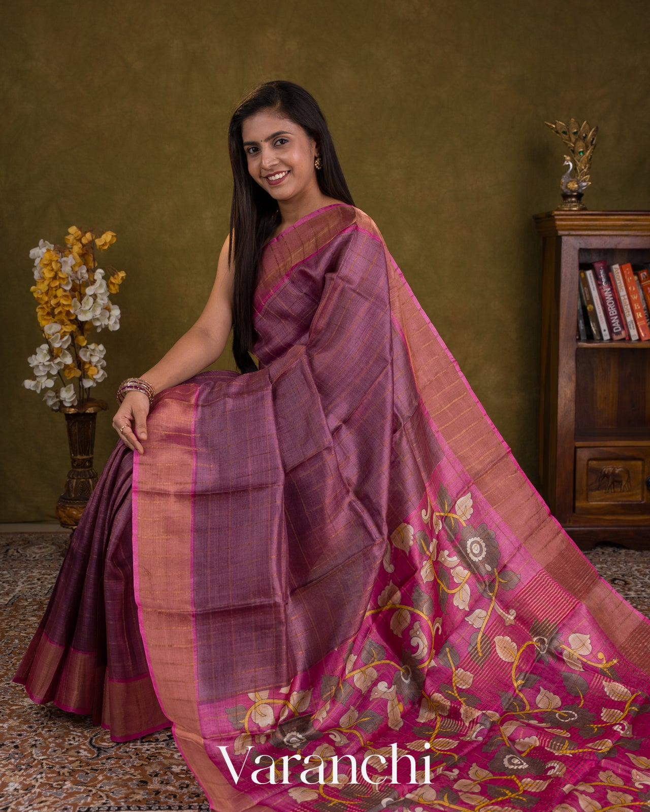 Purple Checkered Pure Tussar Silk Handloom Saree — Draped