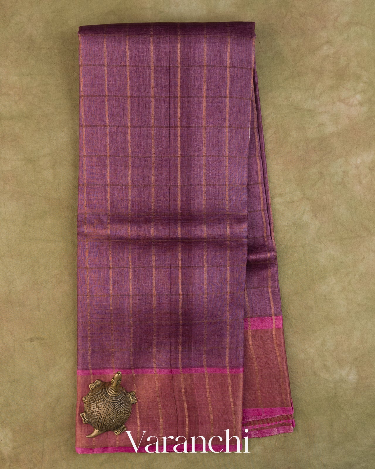 Purple Checkered Pure Tussar Silk Handloom Saree — Full Saree